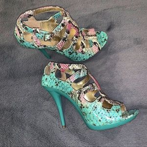 Michael Antonio Snakeskin Heels (Teal/Gold/Pink)